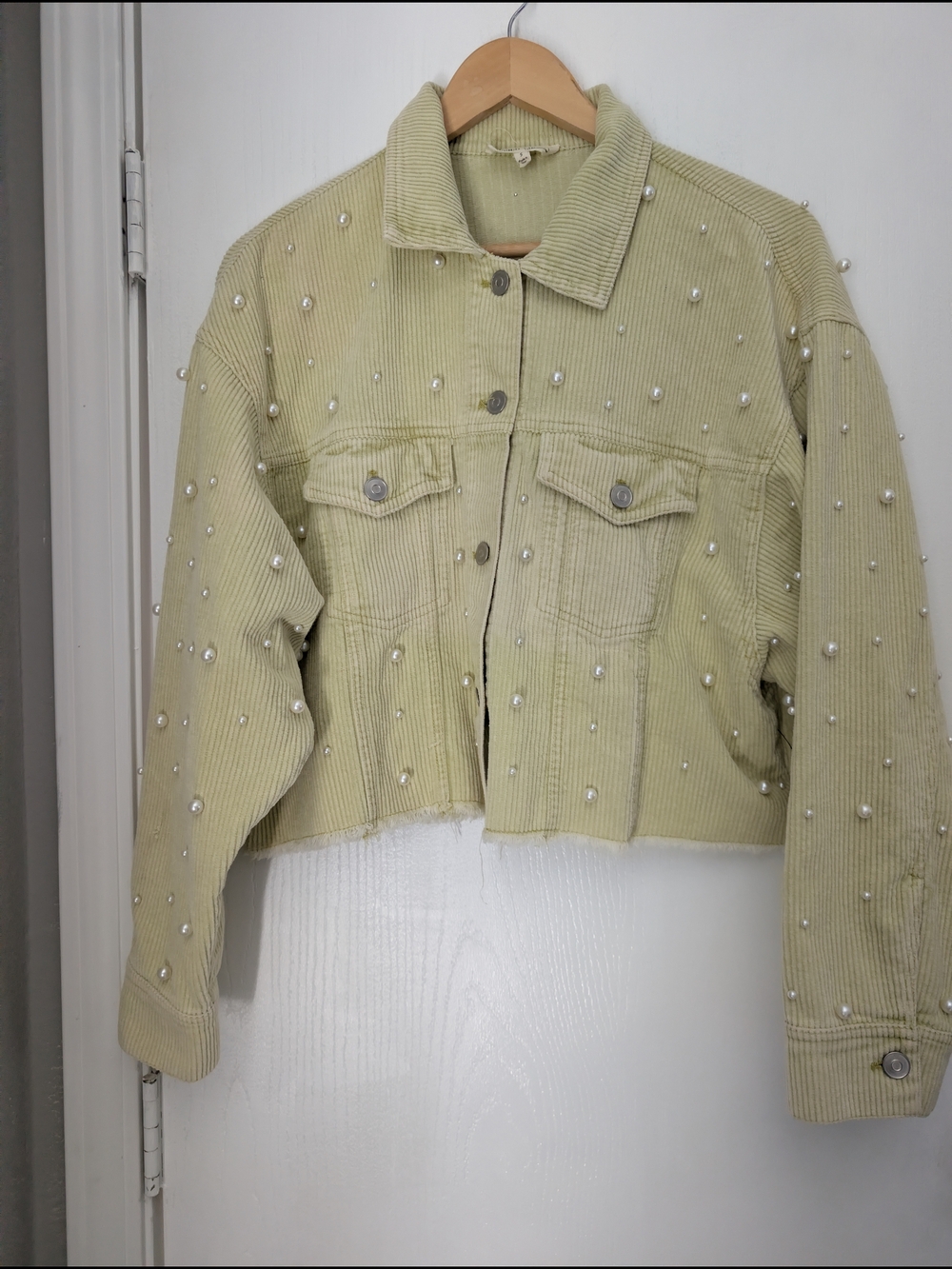 Peach Love California Pearl-Embellished Cropped Corduroy Jacket - Light Green